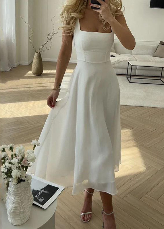 White Square Collar Cotton Spaghetti Strap Dress Summer
