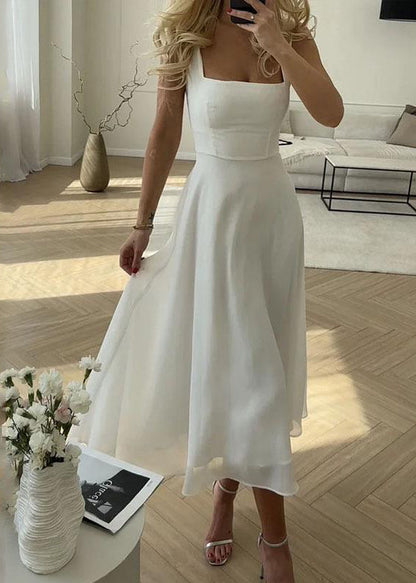 White Square Collar Cotton Spaghetti Strap Dress Summer