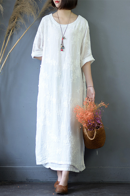 Summer White Ramie Embroidery Dress