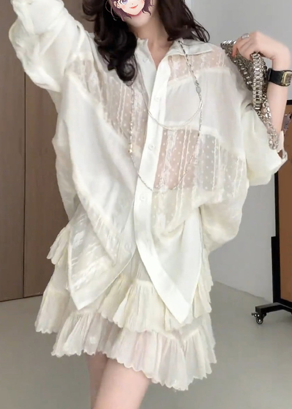 Apricot Embroidered Patchwork Shirt and Skirts Two Pieces Set Fall