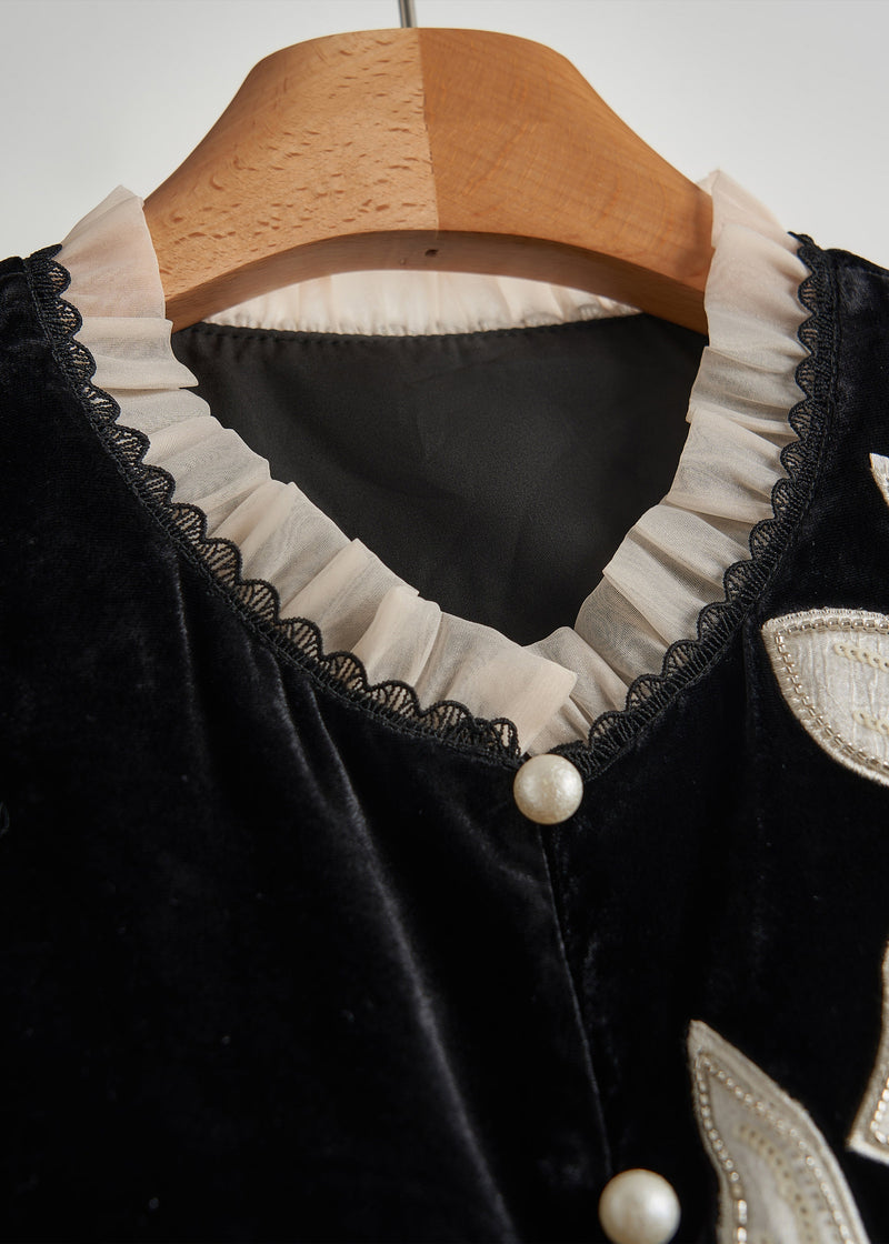 Diy Black Embroidered Organza Patchwork Silk Velour Vests Fall