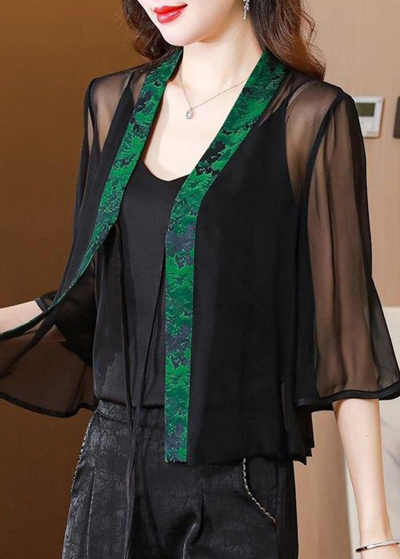 Stylish Green V Neck Print Tie Waist Tulle Upf 50+ Coat Half Sleeve