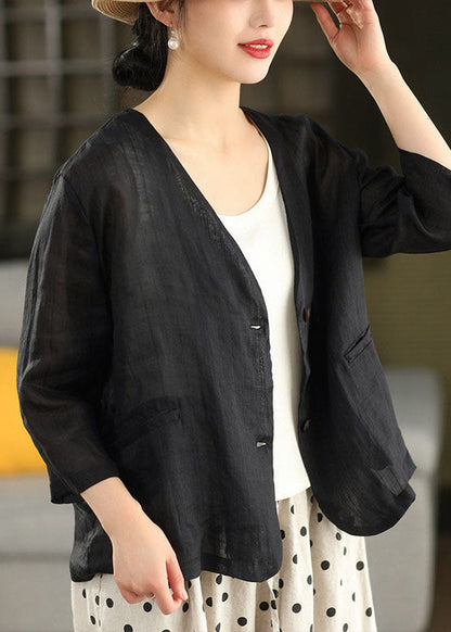 Coffee V Neck Pockets Striped Linen Jacket Summer