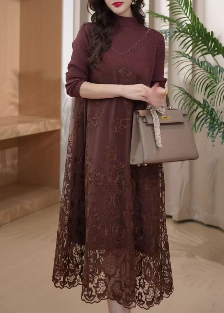 Coffee Embroidered Patchwork Knit Long Dress Winter
