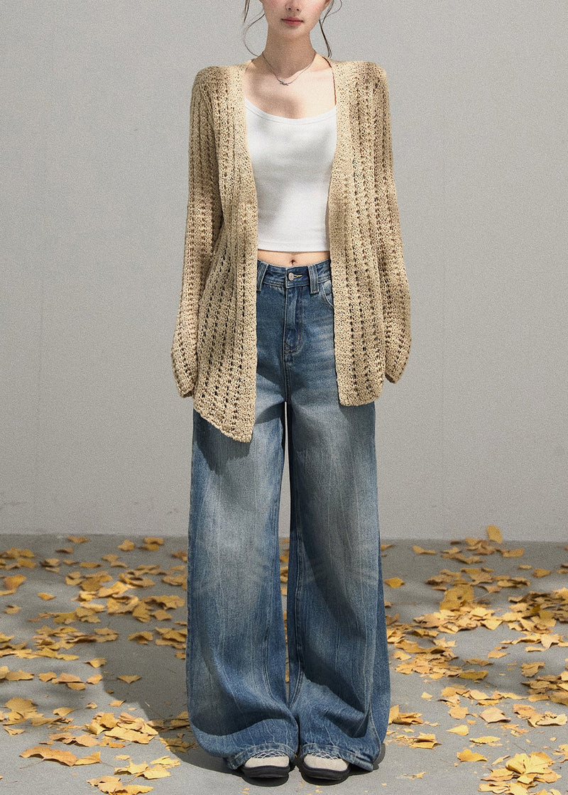 Simple Khaki Oversized Hollow Out Knit Cardigans Fall