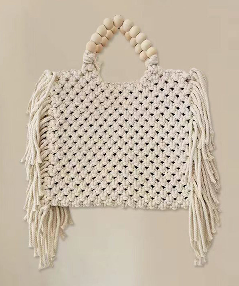 Blue Tasseled Hollow Out Knit Tote Handbag