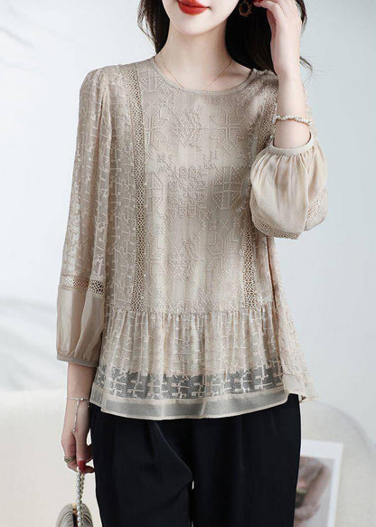 Loose Coffee O-neck Embroidered Patchwork Silk Top Bracelet Sleeve