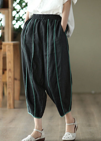 Black High Waist Pockets Striped Linen Crop Pants Summer