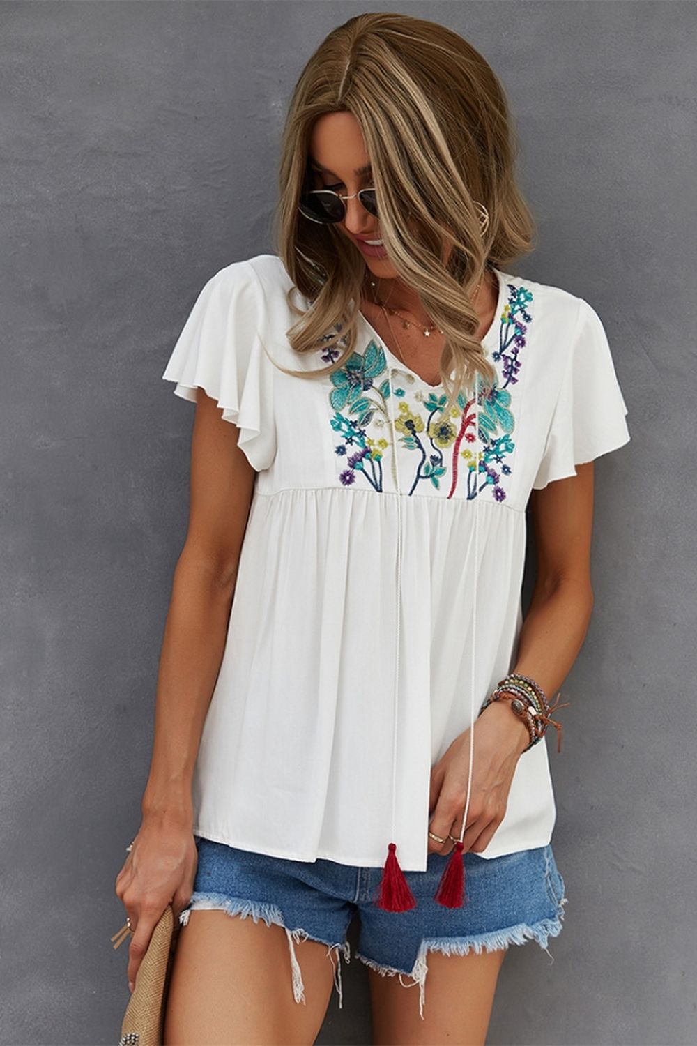 Embroidered Cotton-linen T-shirt