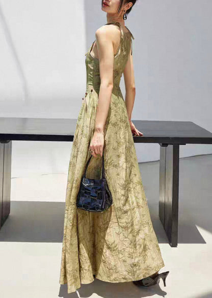 Stylish Green Print Lace Up Linen Spaghetti Strap Dress Sleeveless