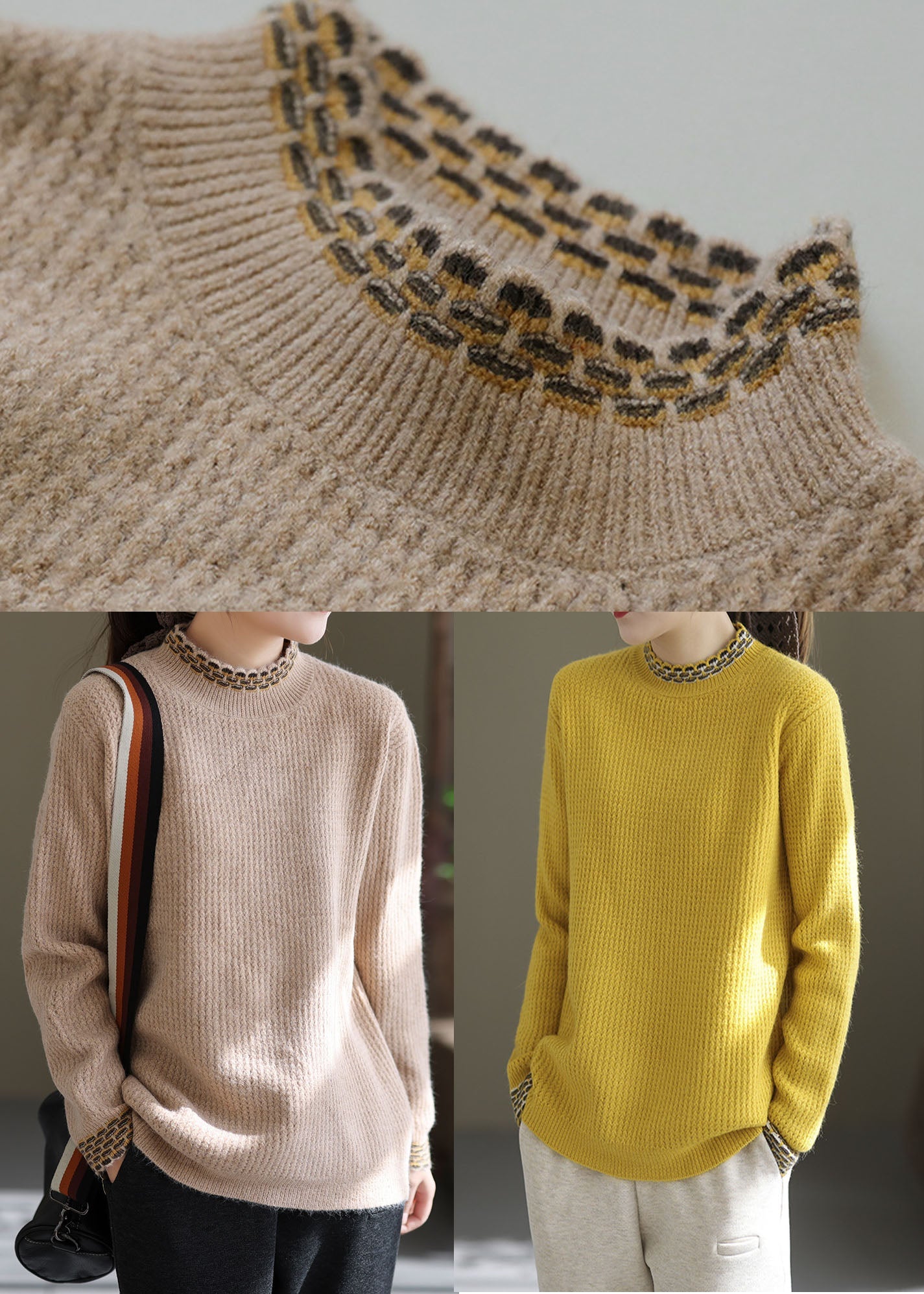 Khaki Warm Knit Pullover Tops High Neck Oversized Winter