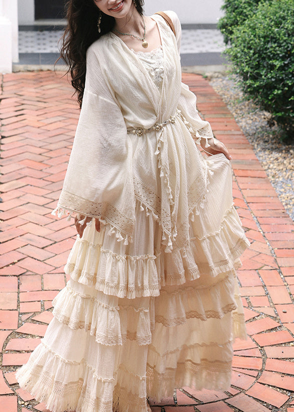 Art Beige V Neck Lace Patchwork Tassel Cardigans Maxi Skirts and Two Piece Set Spring