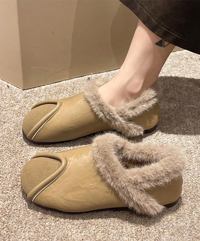 Khaki Comfy Splicing Flat Feet Shoes Fuzzy Wool Lined