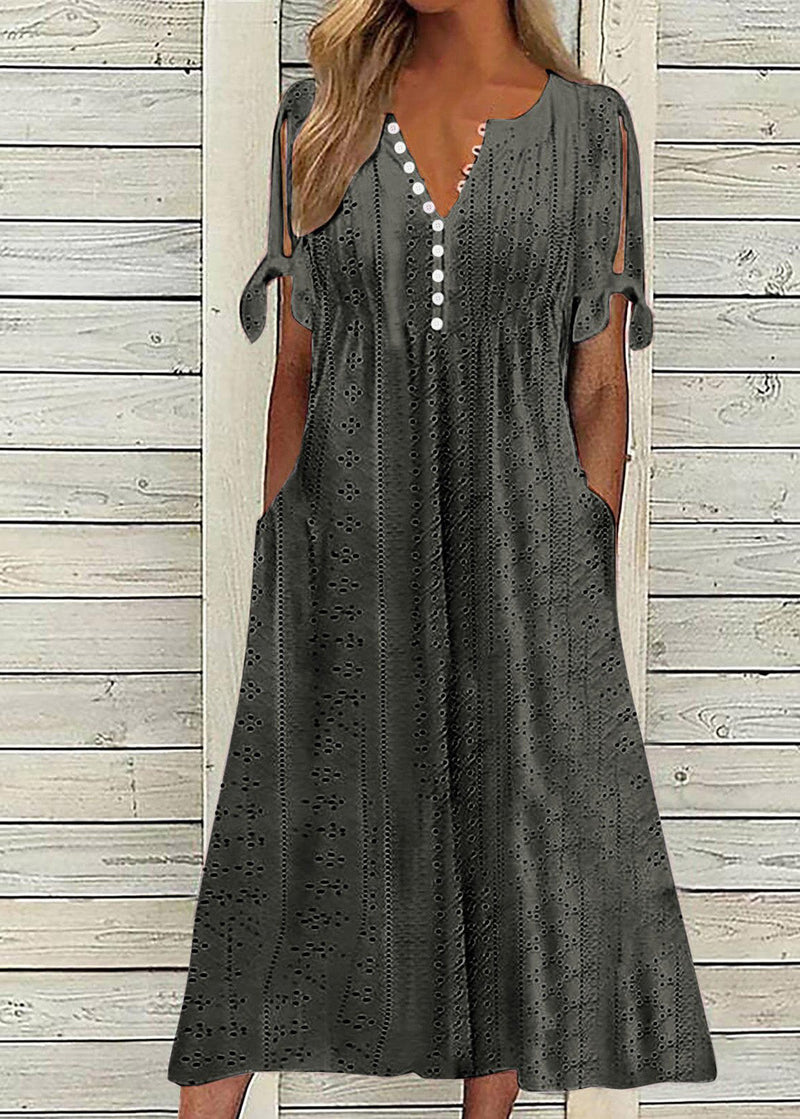 New White V Neck Hollow Out Loose Cotton Dress Summer