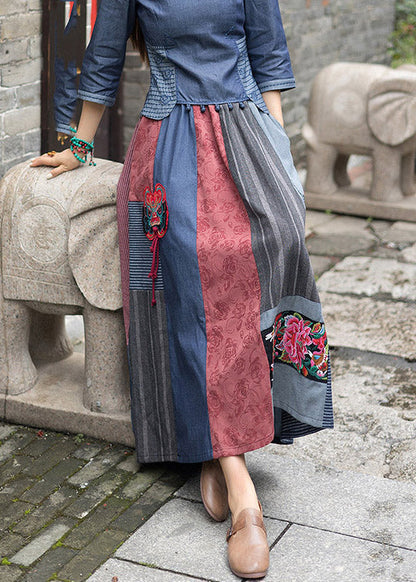 Novelty Navy Blue Print Patchwork Embroidered Tassel High Waist Maxi Skirts
