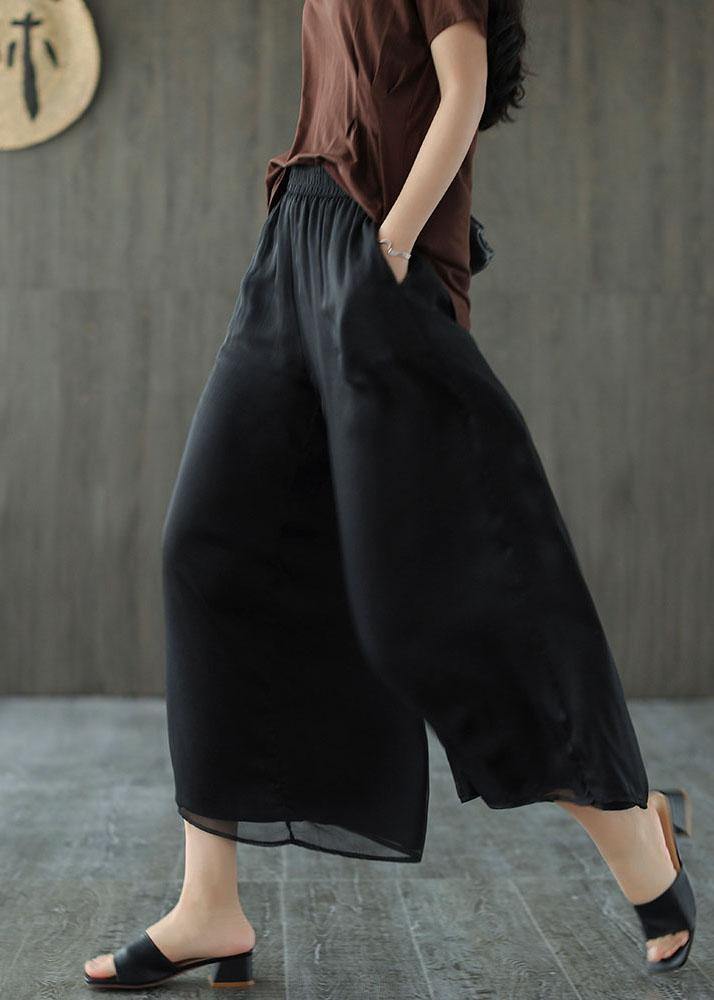 Handmade Black-print3 Elastic Waist Retro Wide Leg Crop Pants