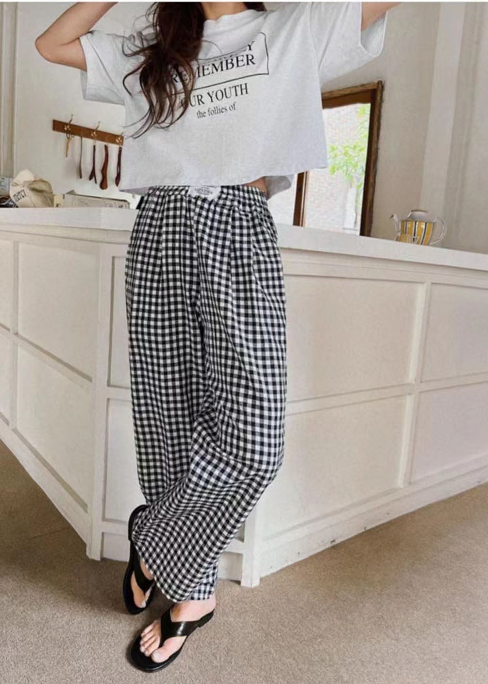 Black Elastic Waist Plaid Linen Wide Leg Pants Spring