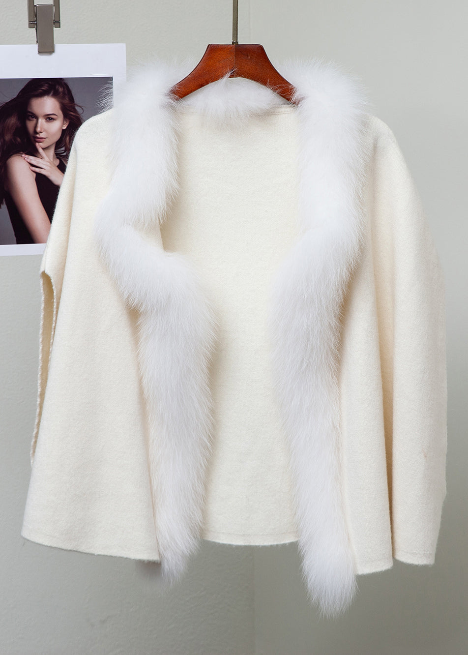Beige Patchwork Woolen Winter Coat Fox Collar
