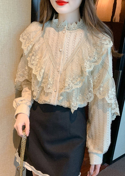 Khaki Stand Collar Patchwork Lace Shirts Fall