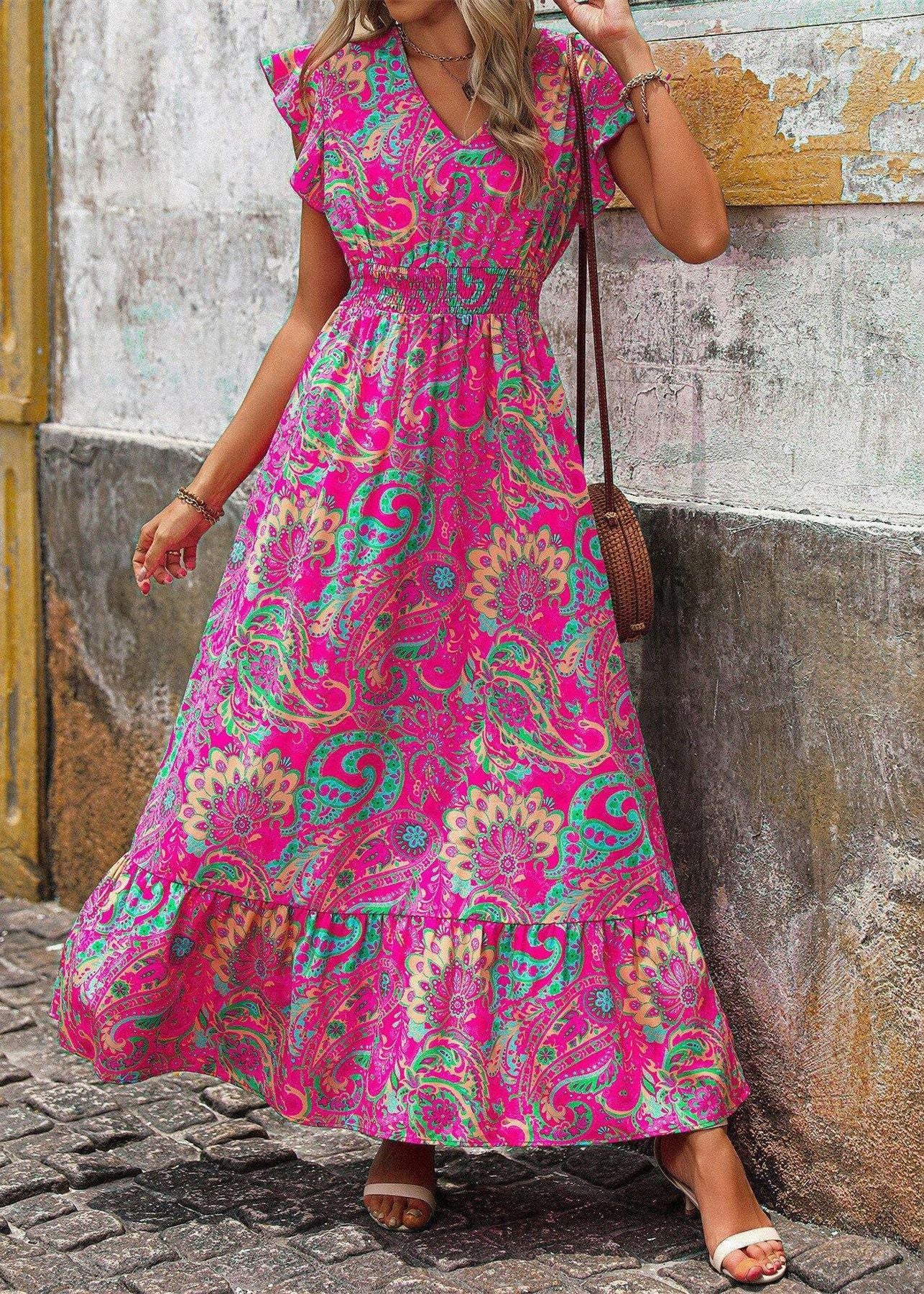 Rose V Neck Print Cotton Maxi Dress Butterfly Sleeve