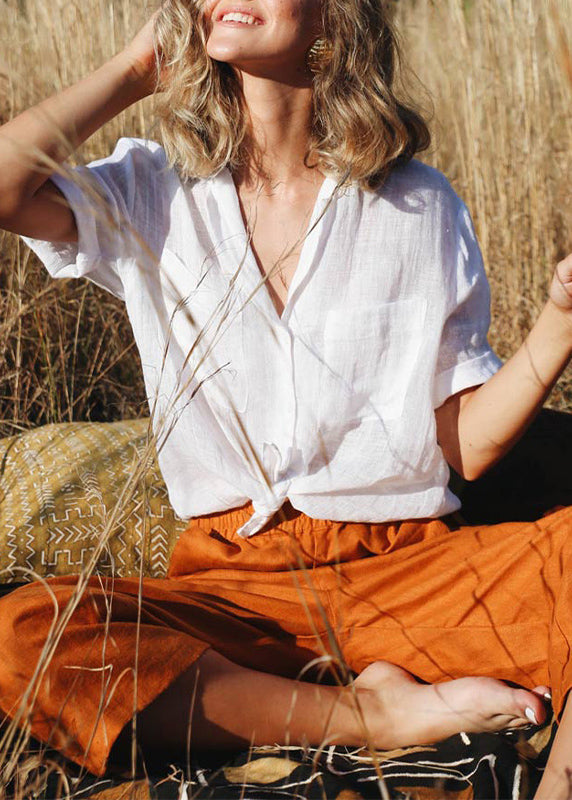 New White Peter Pan Collar Linen Shirt Summer