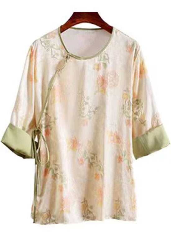 Chinese Style Apricot O-neck Jacquard Lace Up Silk Top Summer