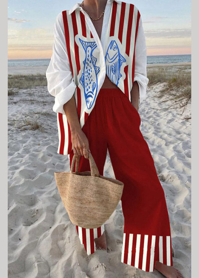 Natural Red Peter Pan Collar Striped Shirts and Wide Leg Pants Two Piece Set Fall