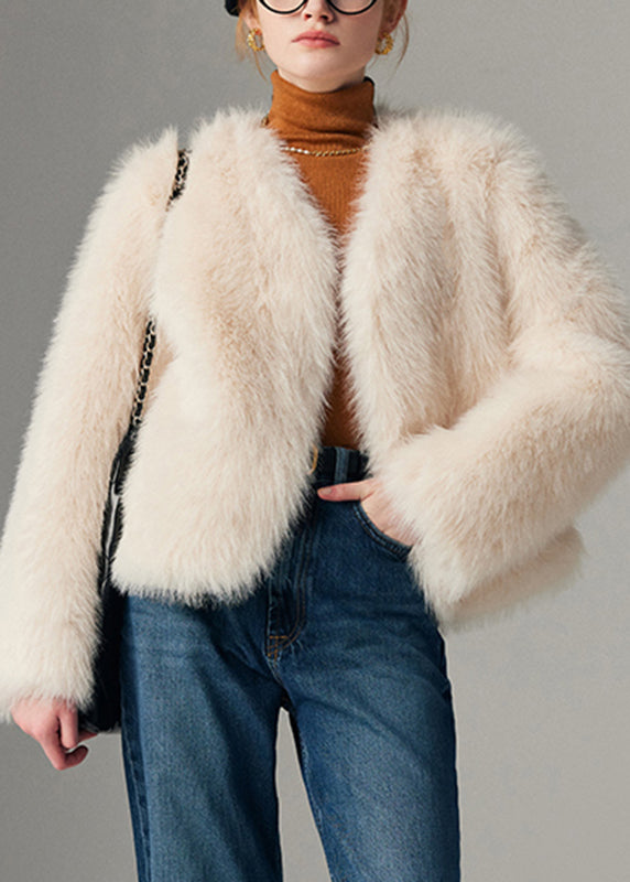 White Cozy Leather and Fur Coats Long Sleeve