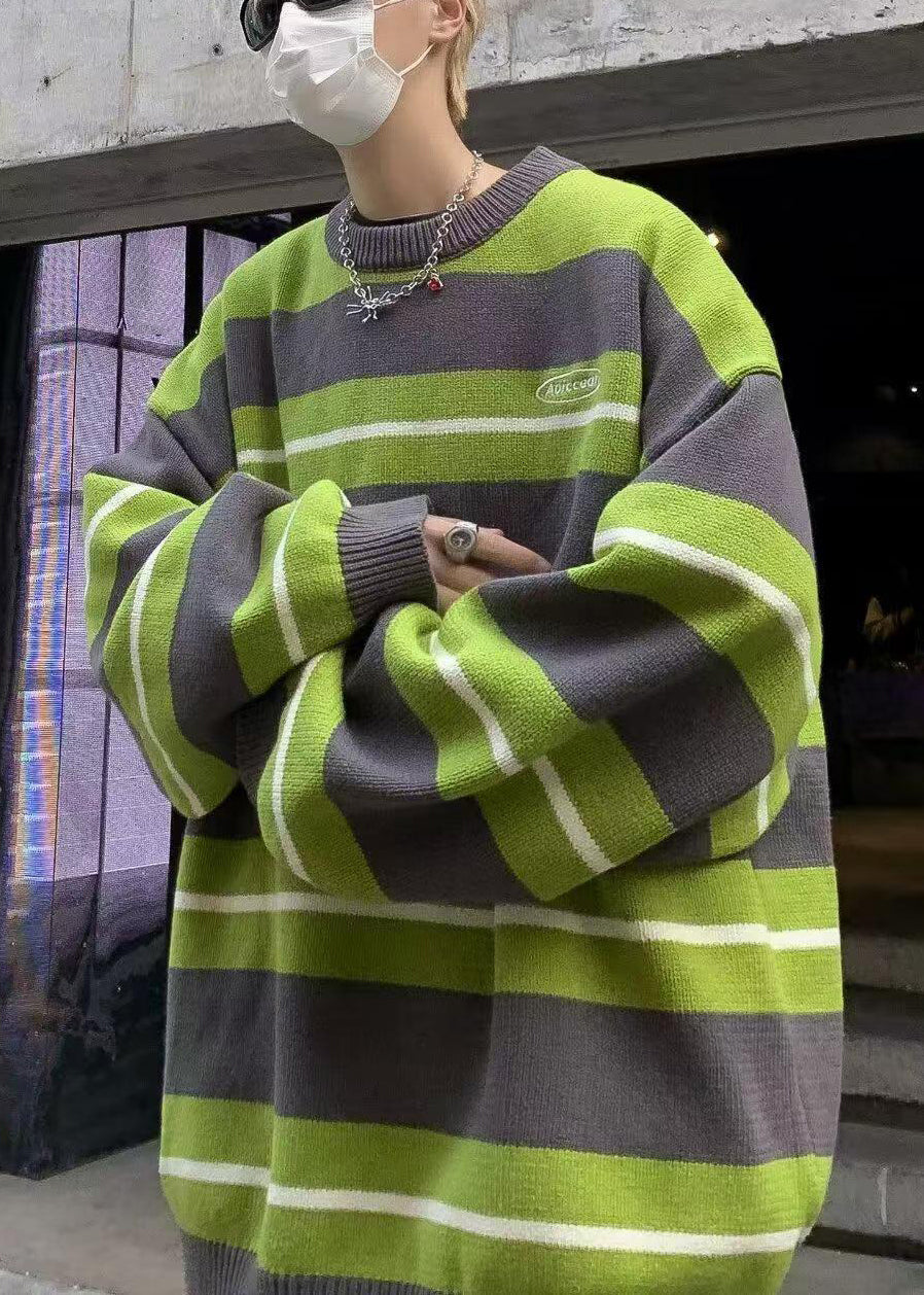New Green O Neck Striped Knit Sweaters Winter