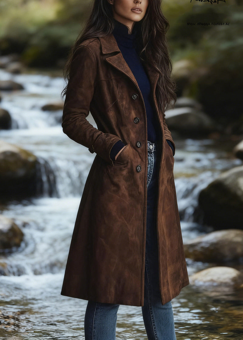 Dark Brown Peter Pan Collar Pockets Faux Suede Coat Spring
