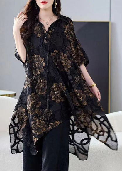 Black Asymmetrical Print Chiffon Cardigans Summer