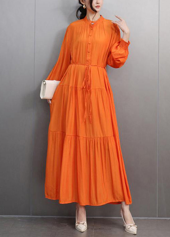 Fine Orange O-neck Patchwork Tie Waist Long Dresses Spring
