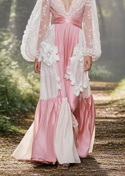 French Pink V Neck Lace Patchwork Silk Dress Spring