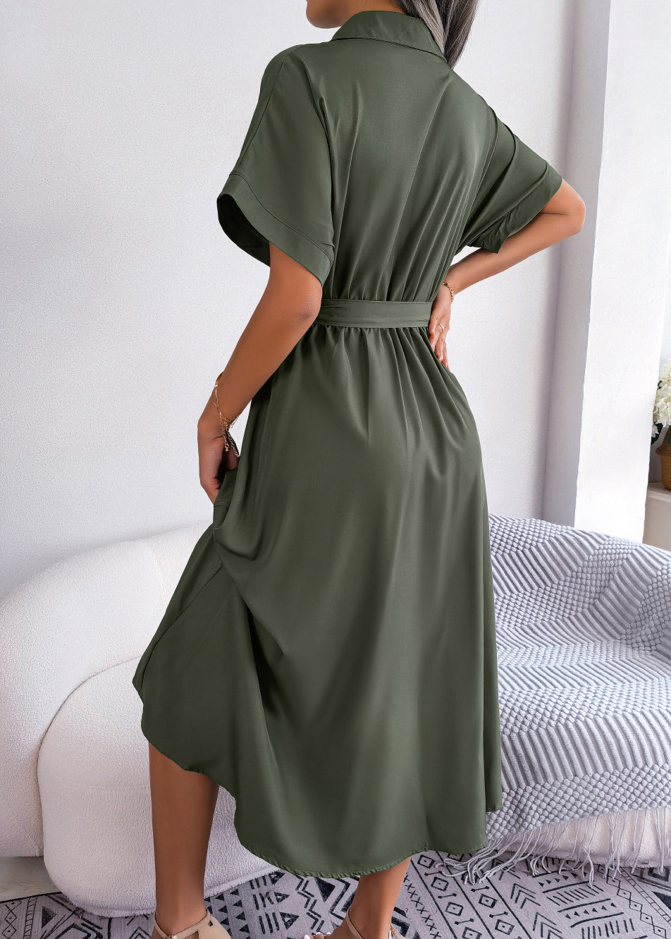 New Army Green Peter Pan Collar Lace Up Chiffon Long Dress Summer