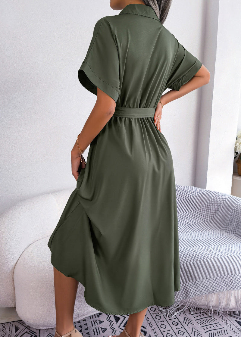 New Army Green Peter Pan Collar Lace Up Chiffon Long Dress Summer