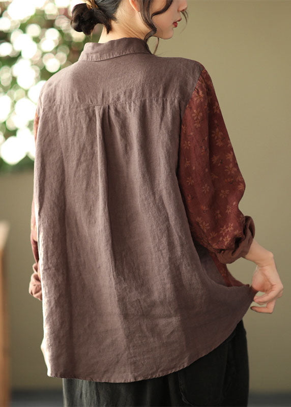 Red Peter Pan Collar Button Print Patchwork Linen Shirt Tops Long Sleeve