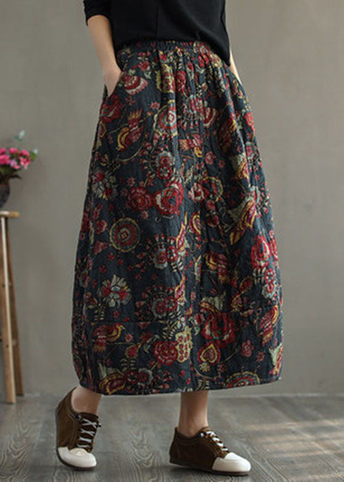 Black - Texture Elastic Waist Patchwork Print Fine Cotton Filled Skirt Winter