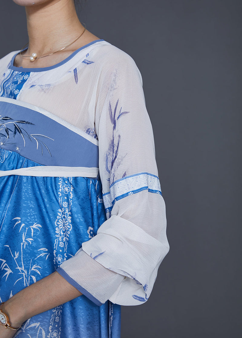 Style Blue Print Gradient Color Silk Dresses Summer