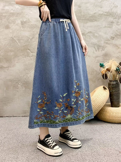 Summer Artsy Flower Embroidert Denim Skirt