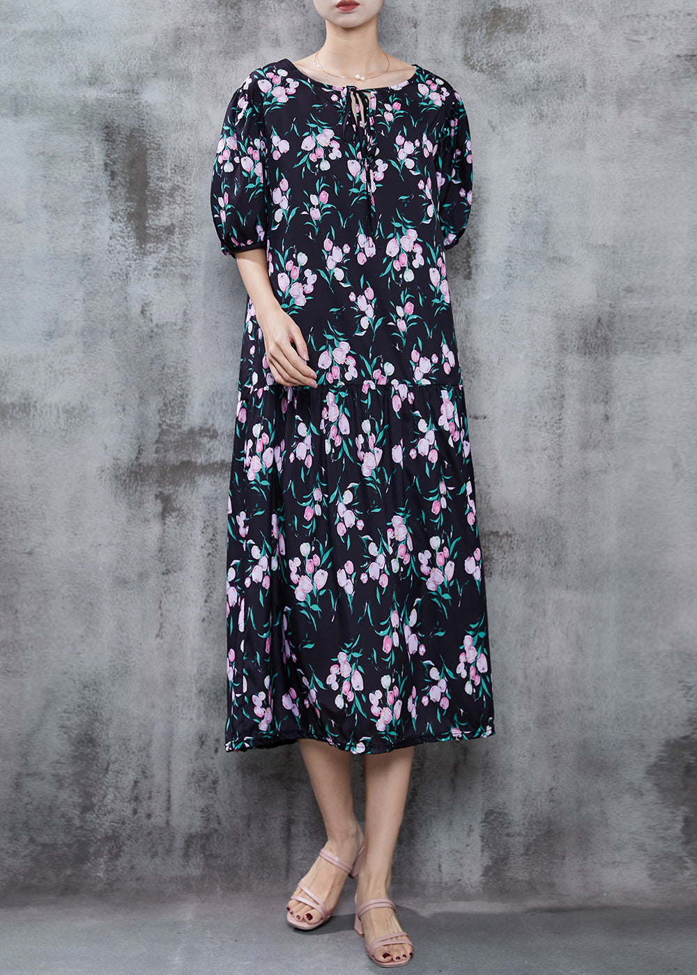 Black Oversized Print Chiffon Holiday Dress Summer