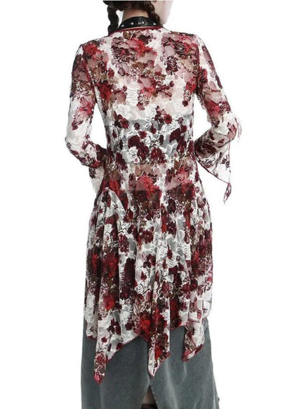 Red Asymmetrical Lace Up Tulle Shirt Flare Sleeve