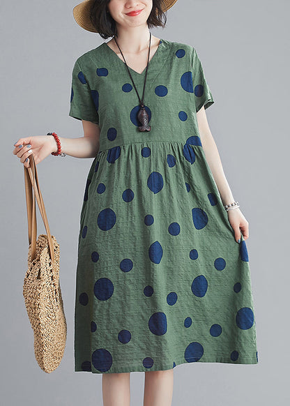 Yellow Wrinkled V Neck Pockets Dot Print Cotton Dresses Short Sleeve