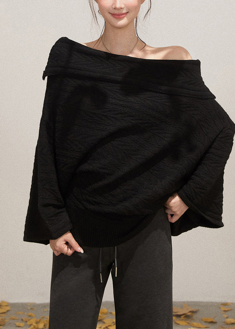 Black Cold Shoulder Knit Short Sweater Fall