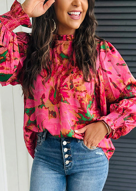 Rose Ruffled Print Chiffon Shirt Top Spring