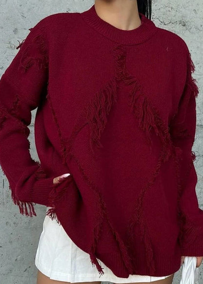 New White O Neck Tassel Knit Sweater Tops Fall
