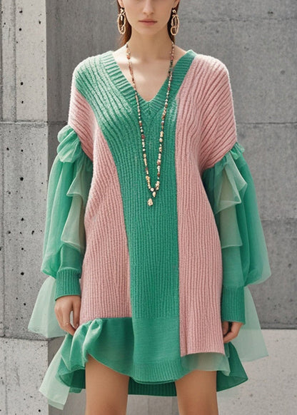 Colorblock V Neck Patchwork Tulle Knitwear Dress Fall