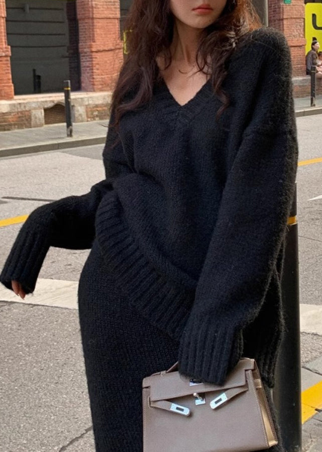 Brown Cozy Cotton Knit Sweaters and Maxi Skirts Two Pieces Set Winter