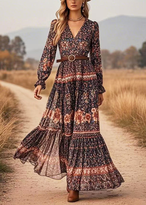 Black V Neck Print Long Dresses Spring
