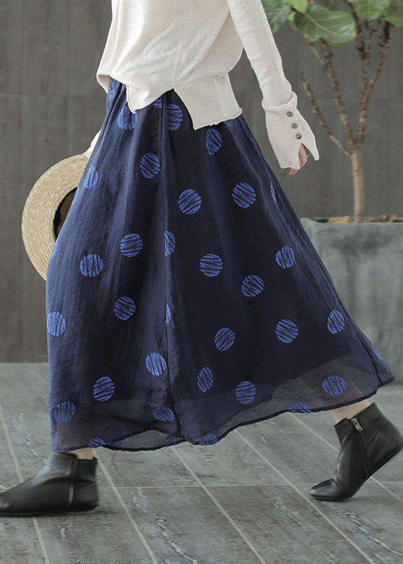 Dark Blue Elastic Waist Dot Print Linen Skirts Spring