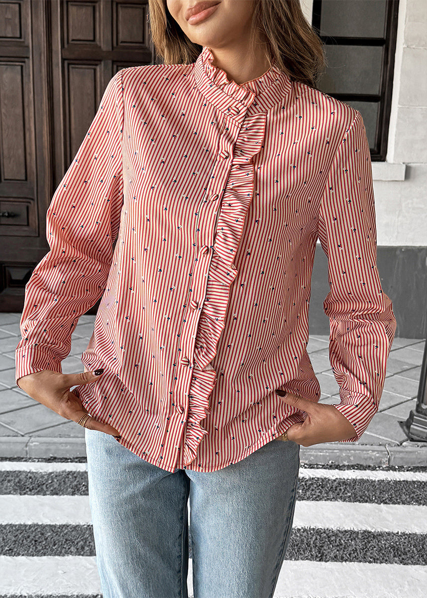 Red Ruffled Striped Patchwork Cotton Shirt Top Fall